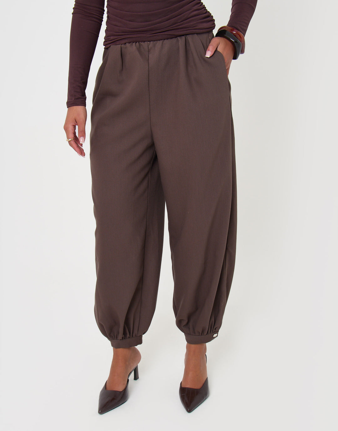 Threadbare Balloon Trousers with Button Cuffs in Brown - front view