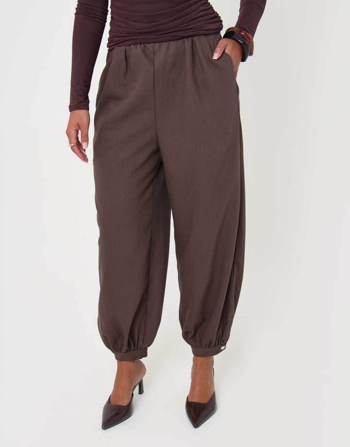 Threadbare Balloon Trousers with Button Cuffs in Brown - front view