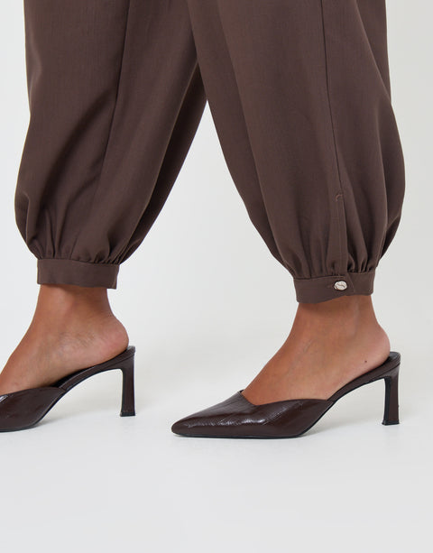 Threadbare Balloon Trousers with Button Cuffs in Brown - close up