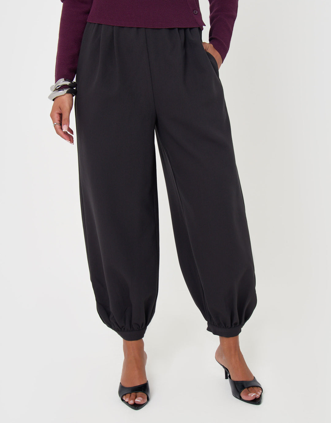 Threadbare Balloon Trousers with Button Cuffs in Dark Grey - front view