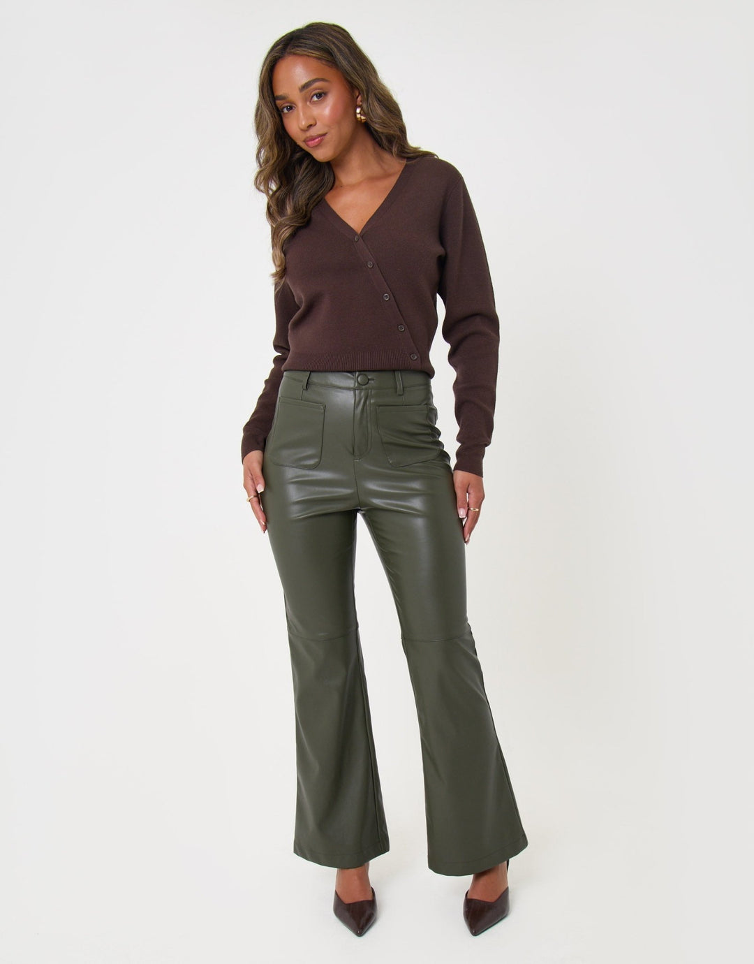 Faux Leather Flared Trousers in Khaki