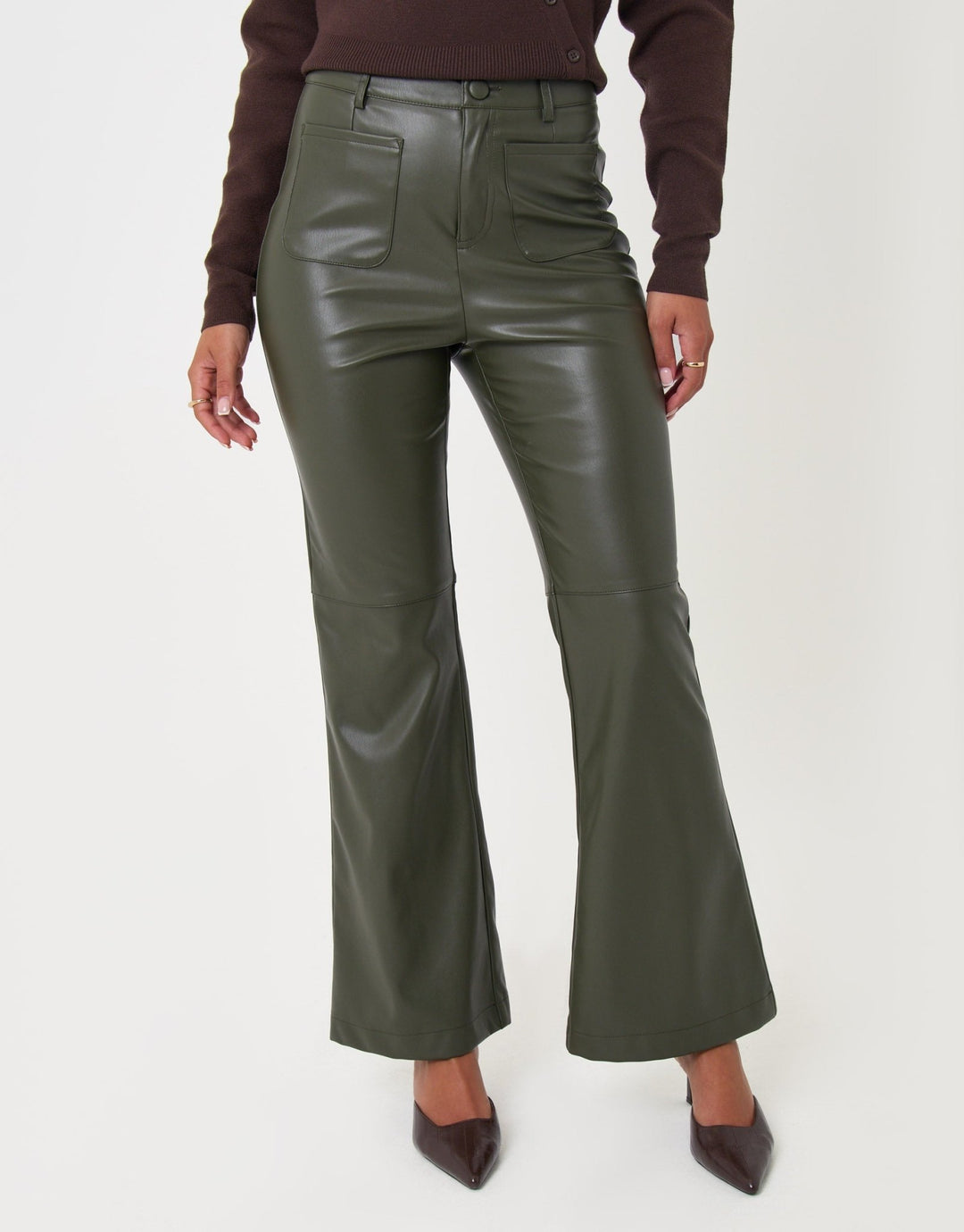 Faux Leather Flared Trousers in Khaki