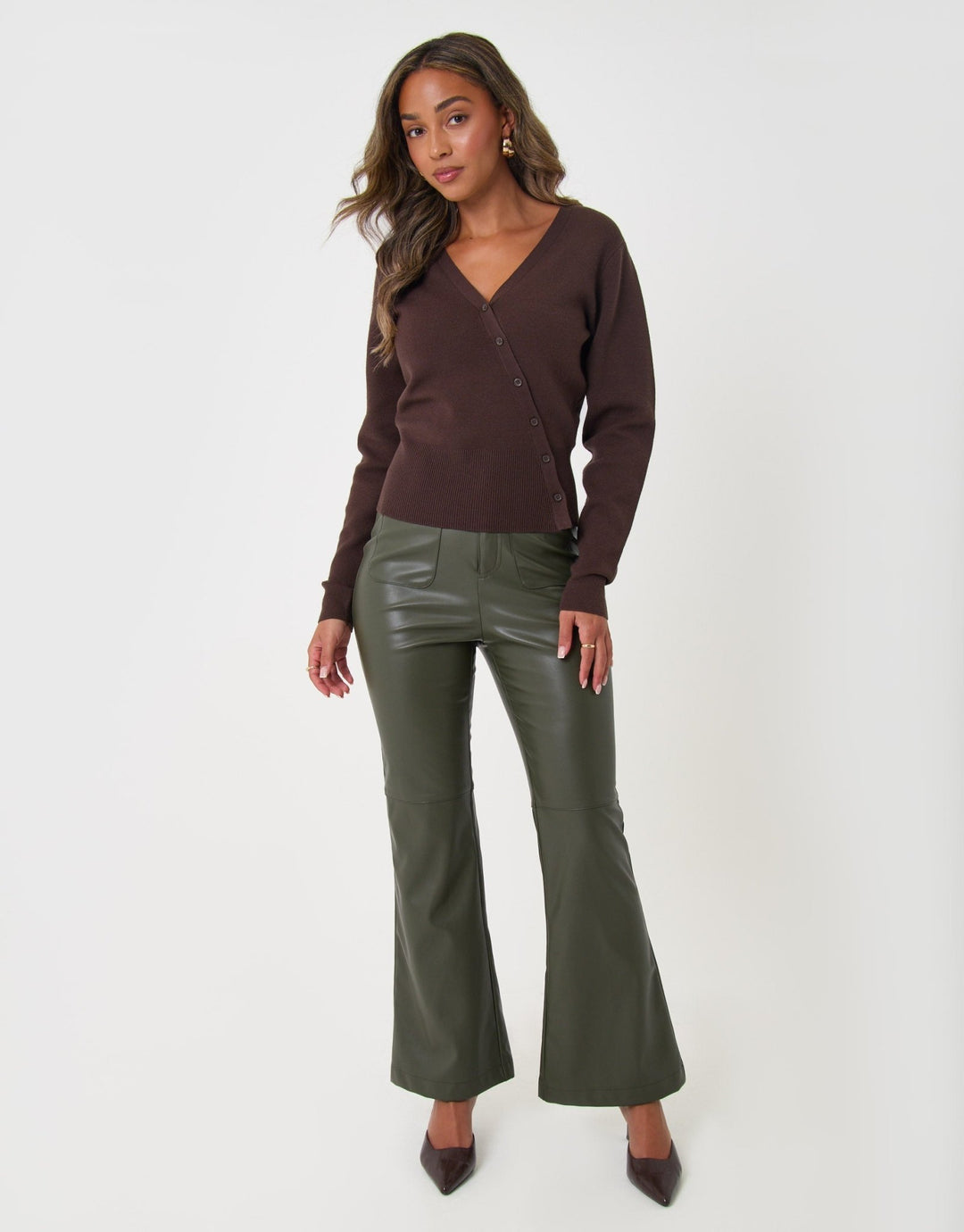Faux Leather Flared Trousers in Khaki