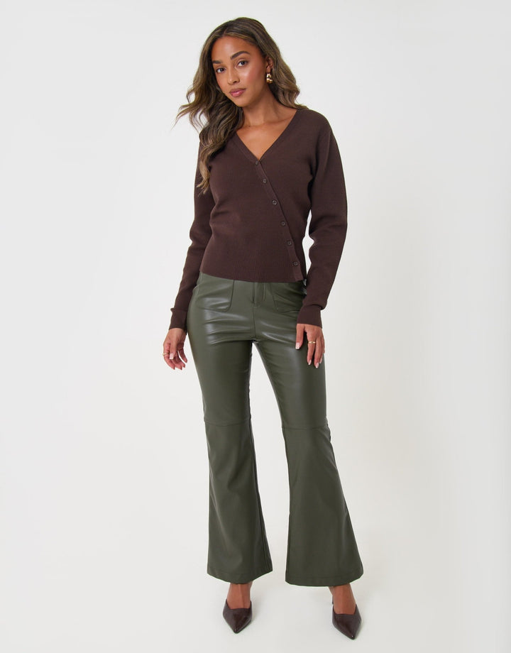 Faux Leather Flared Trousers in Khaki