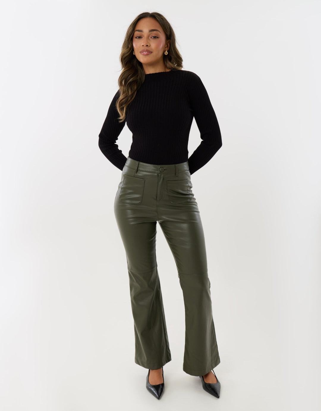 Faux Leather Flared Trousers in Khaki