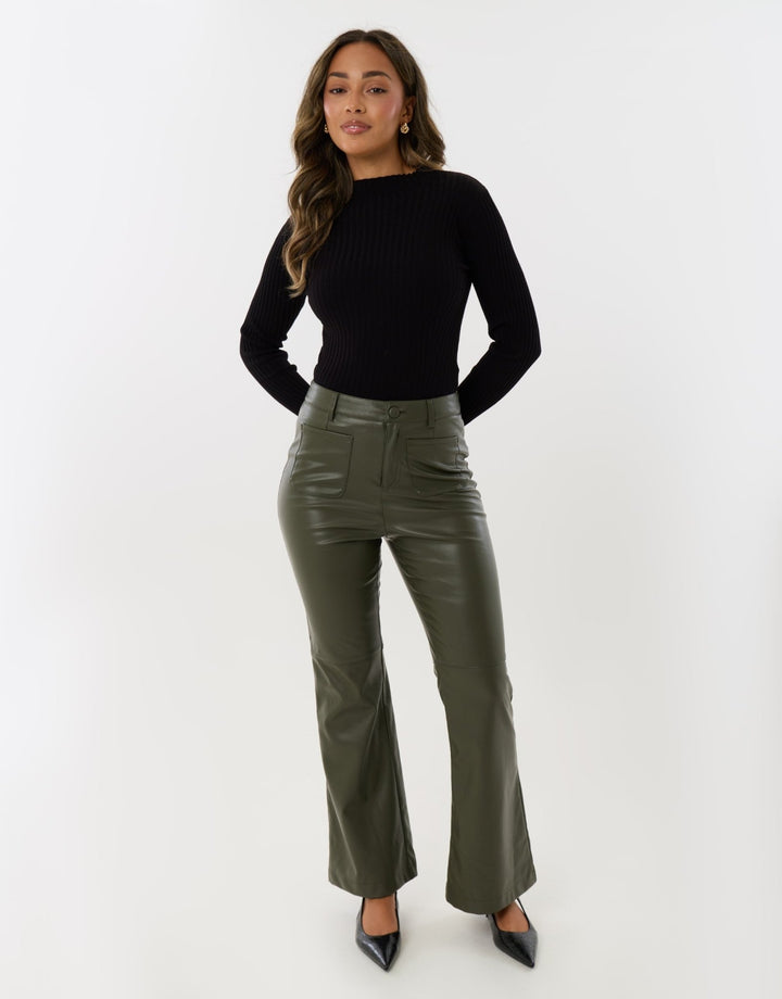 Faux Leather Flared Trousers in Khaki
