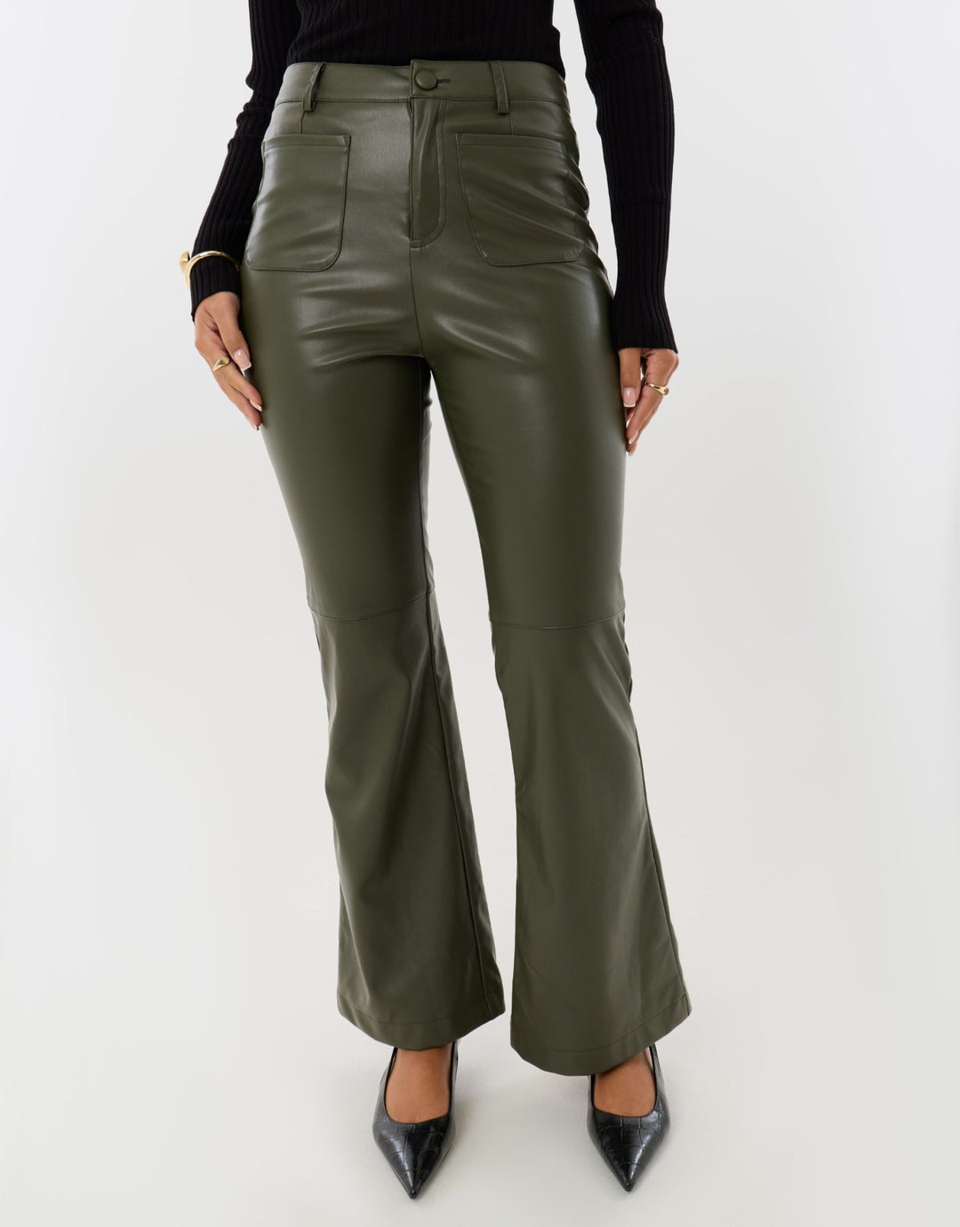 Faux Leather Flared Trousers in Khaki