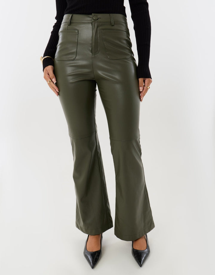 Faux Leather Flared Trousers in Khaki