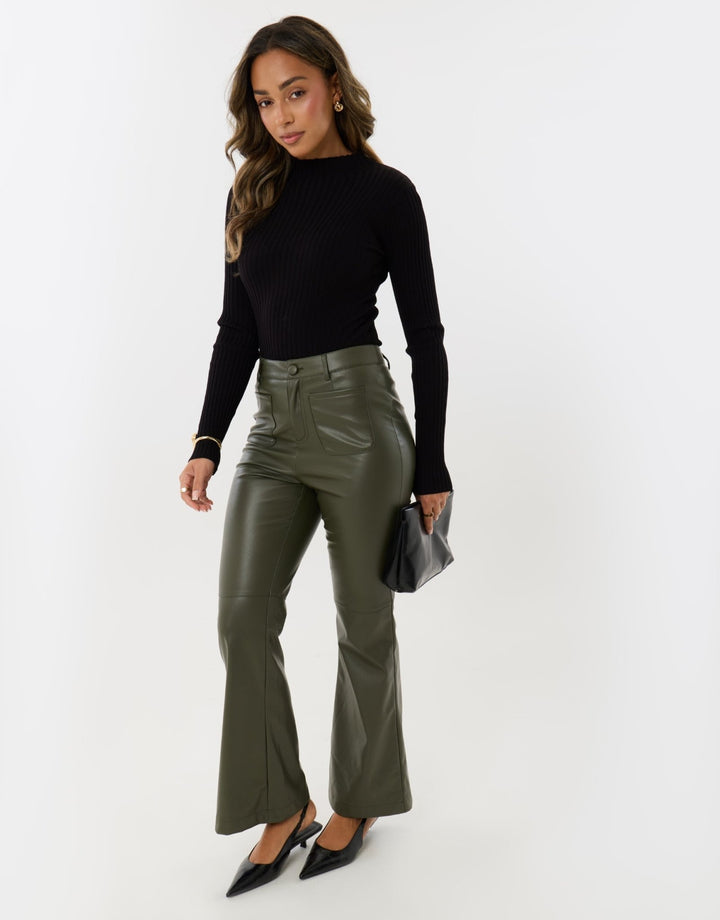 Faux Leather Flared Trousers in Khaki