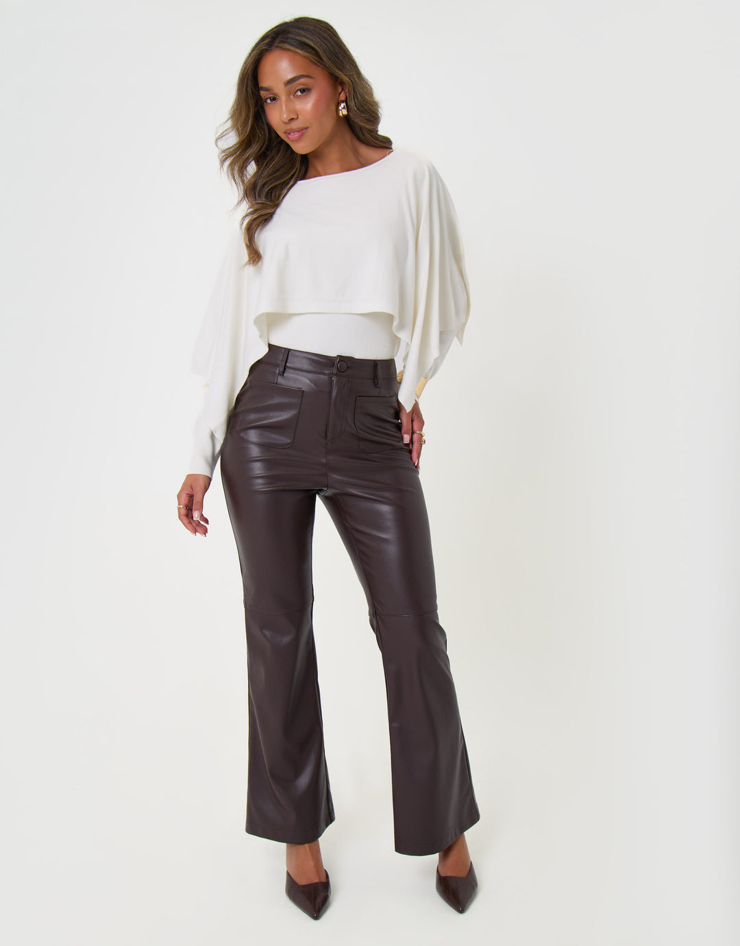 Faux Leather Flared Trousers in Chocolate Brown