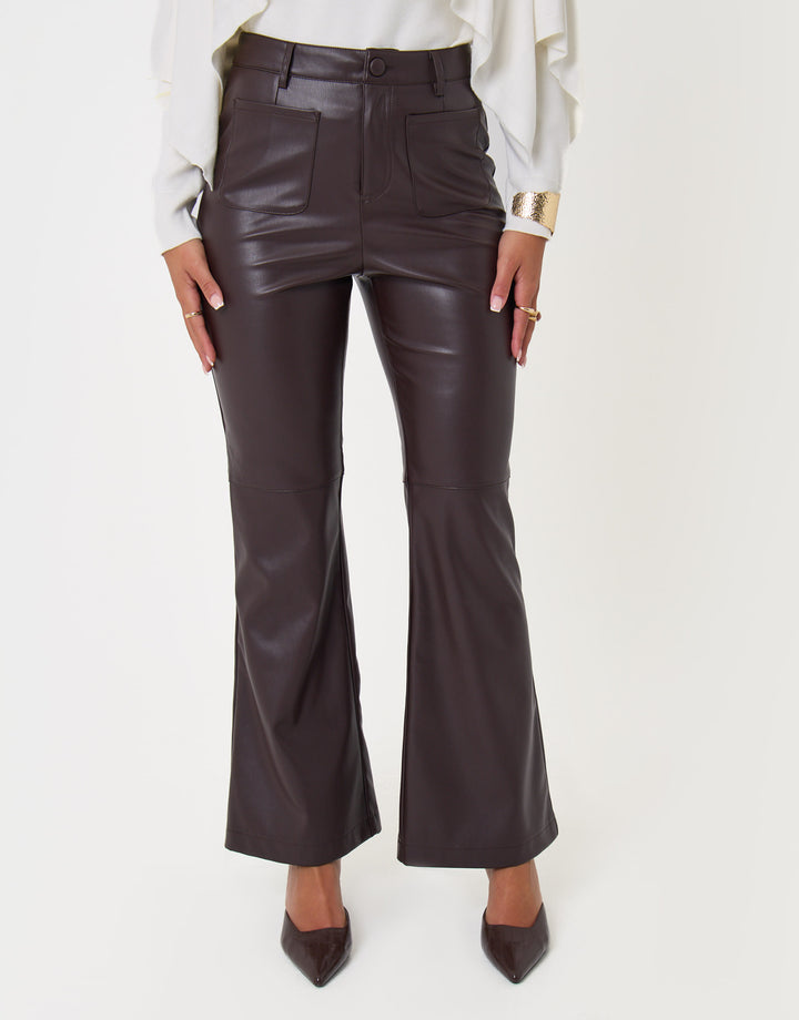 Faux Leather Flared Trousers in Chocolate Brown