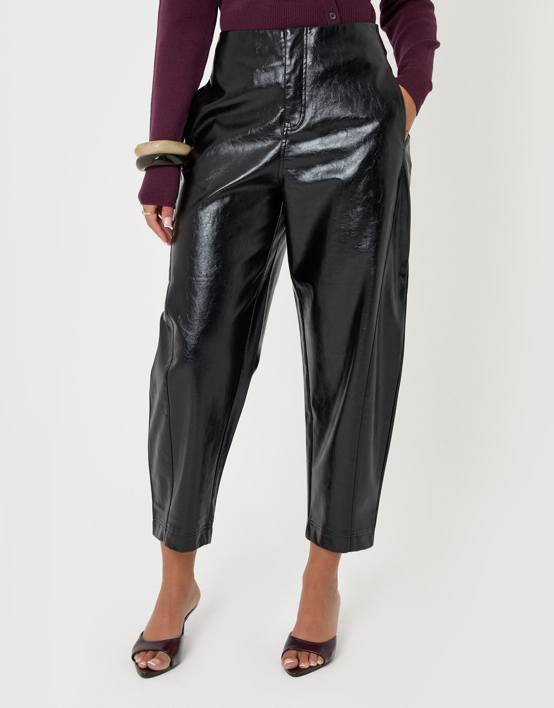 Threadbare Faux Leather Barrel Leg Trousers in Black - front view