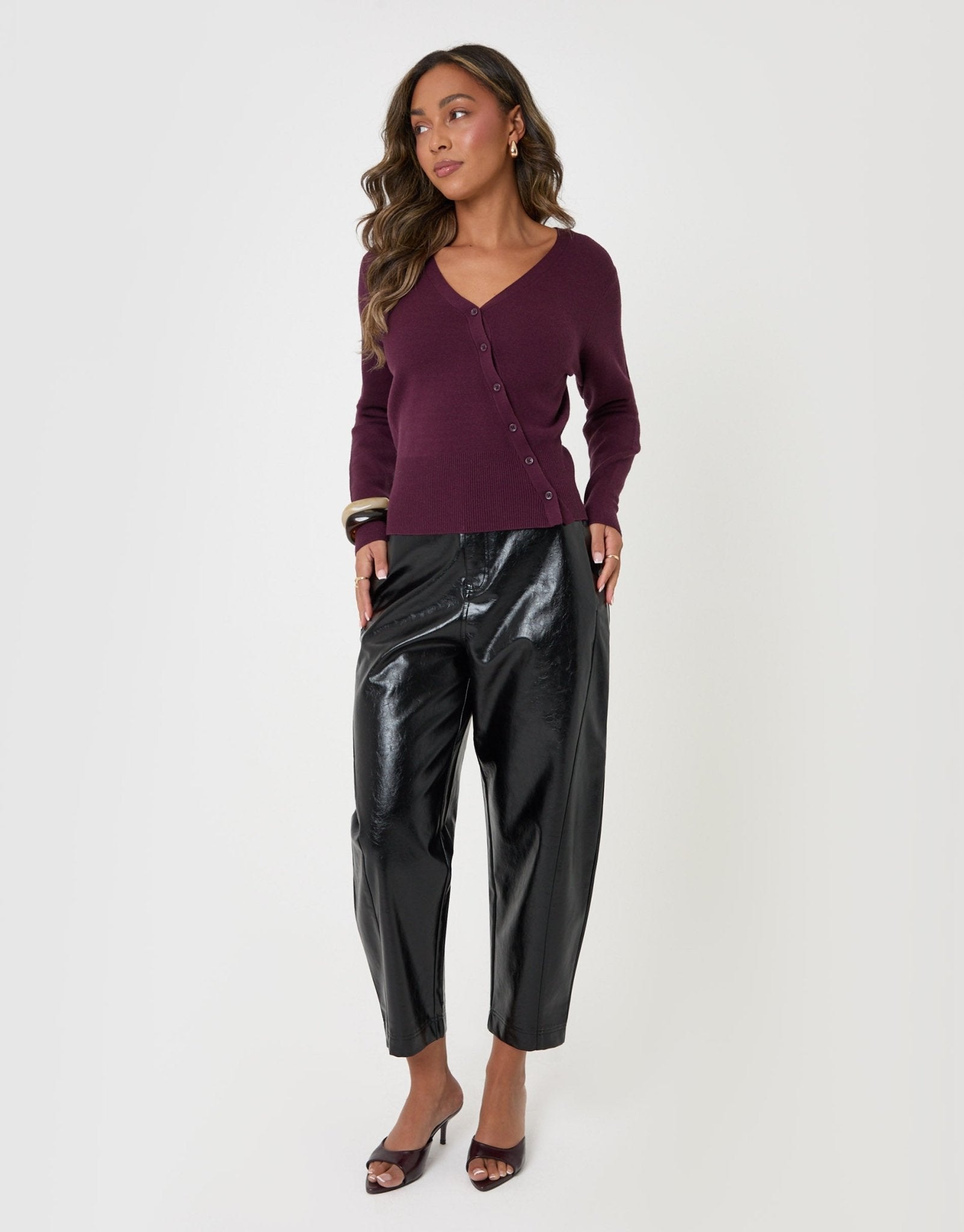 Faux Leather Barrel Leg Trousers in Black
