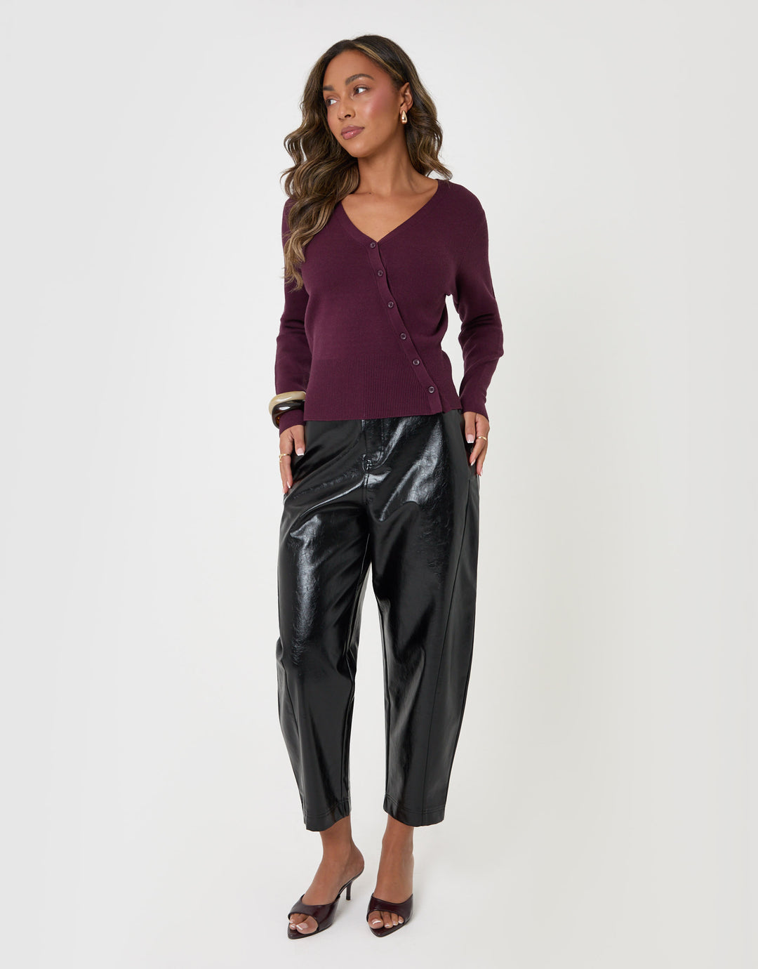 Threadbare Faux Leather Barrel Leg Trousers in Black - full body