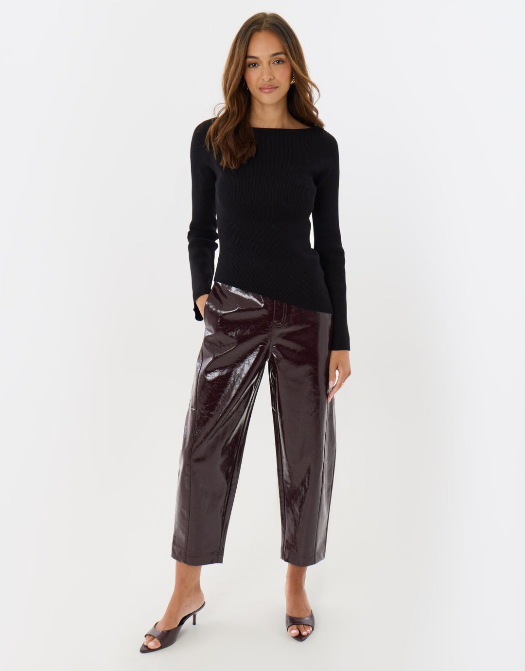 Faux Leather Barrel Leg Trousers in Plum