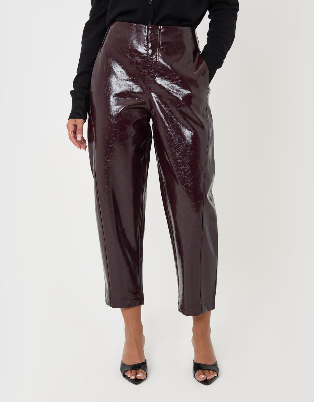 Threadbare Faux Leather Barrel Leg Trousers in Purple - front view