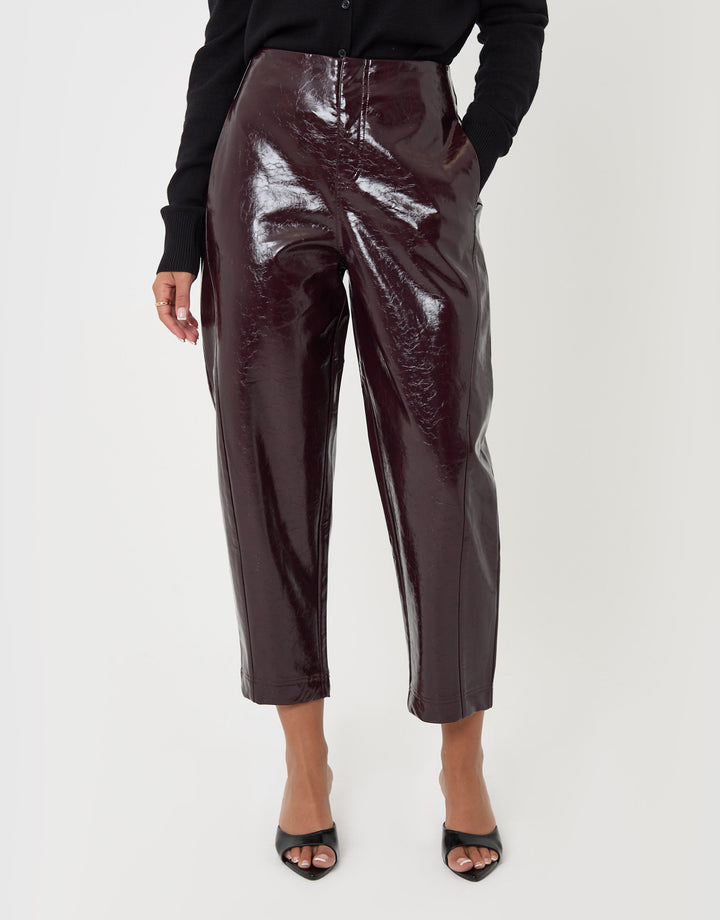 Threadbare Faux Leather Barrel Leg Trousers in Purple - front view