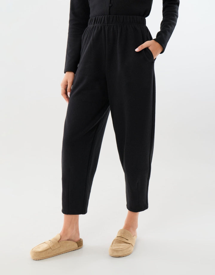 Threadbare High Waisted Ribbed Barrel Leg Joggers in Black - front view