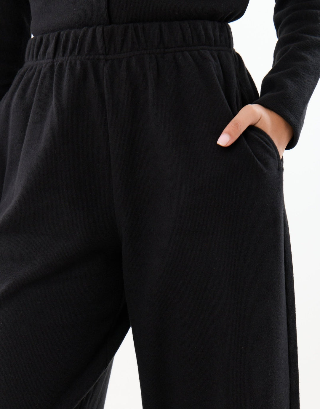 Threadbare High Waisted Ribbed Barrel Leg Joggers in Black - close up
