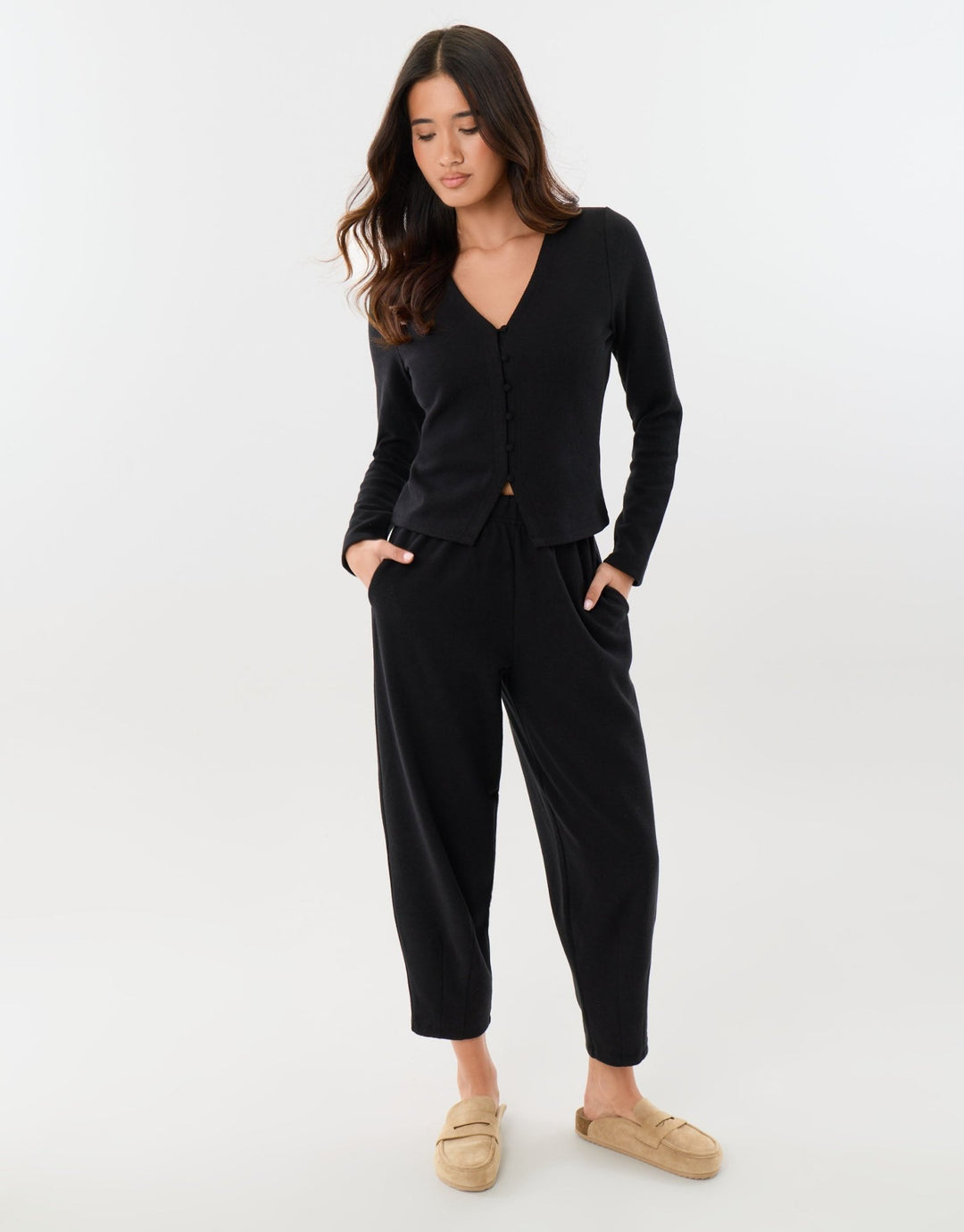 Threadbare High Waisted Ribbed Barrel Leg Joggers in Black - full view looking away 