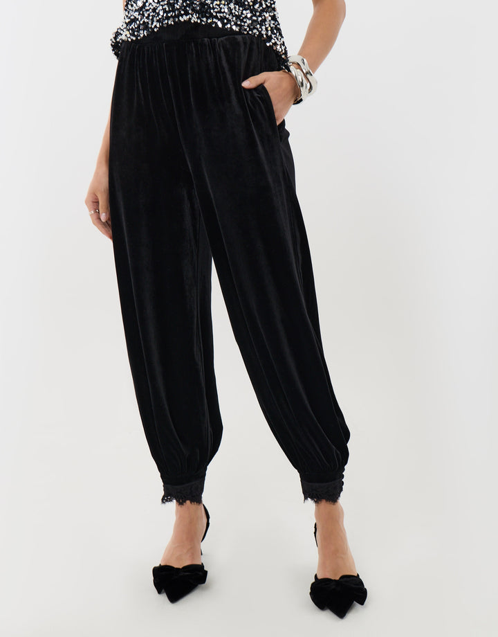 Velvet Balloon Trousers with Lace Trim Hem in Black