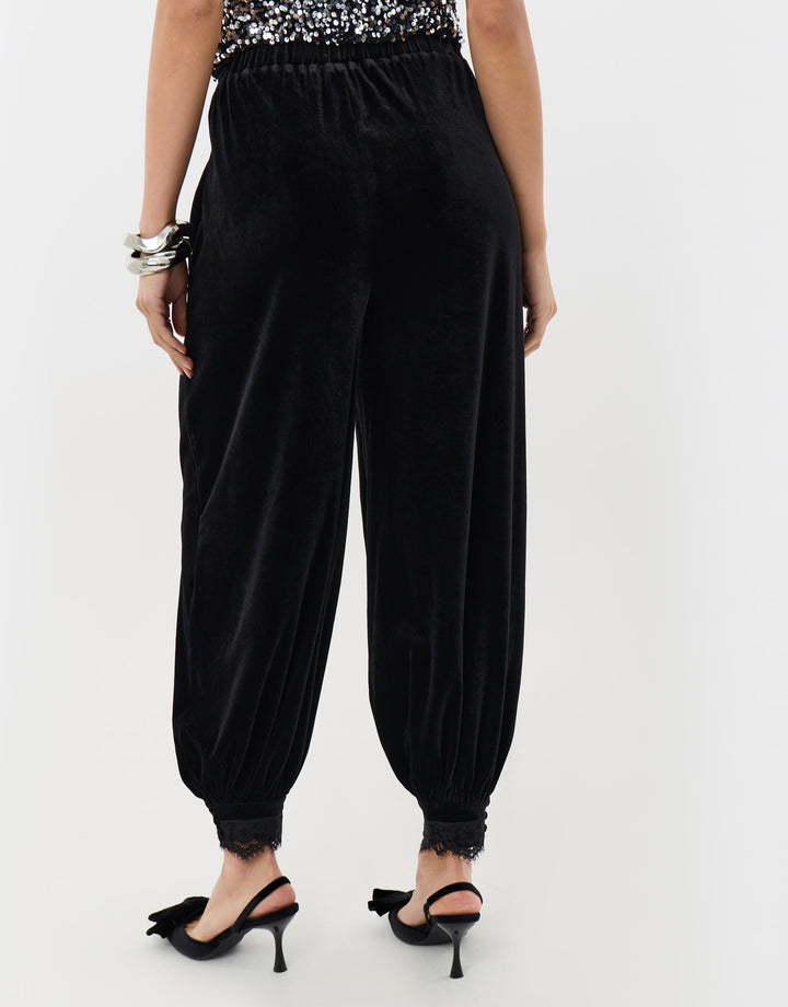 Velvet Balloon Trousers with Lace Trim Hem in Black