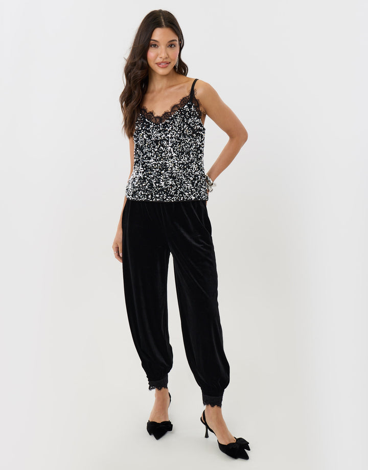 Velvet Balloon Trousers with Lace Trim Hem in Black