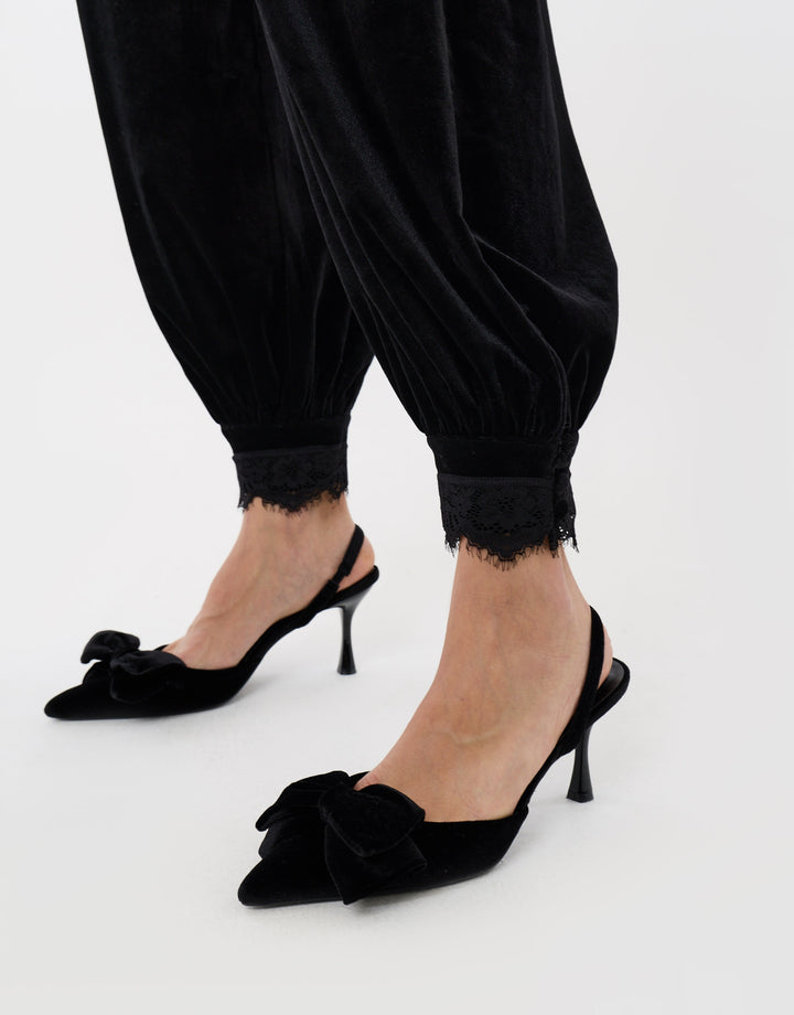 Velvet Balloon Trousers with Lace Trim Hem in Black