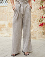 Brown Stripe Belted Linen Blend Wide Leg Trousers
