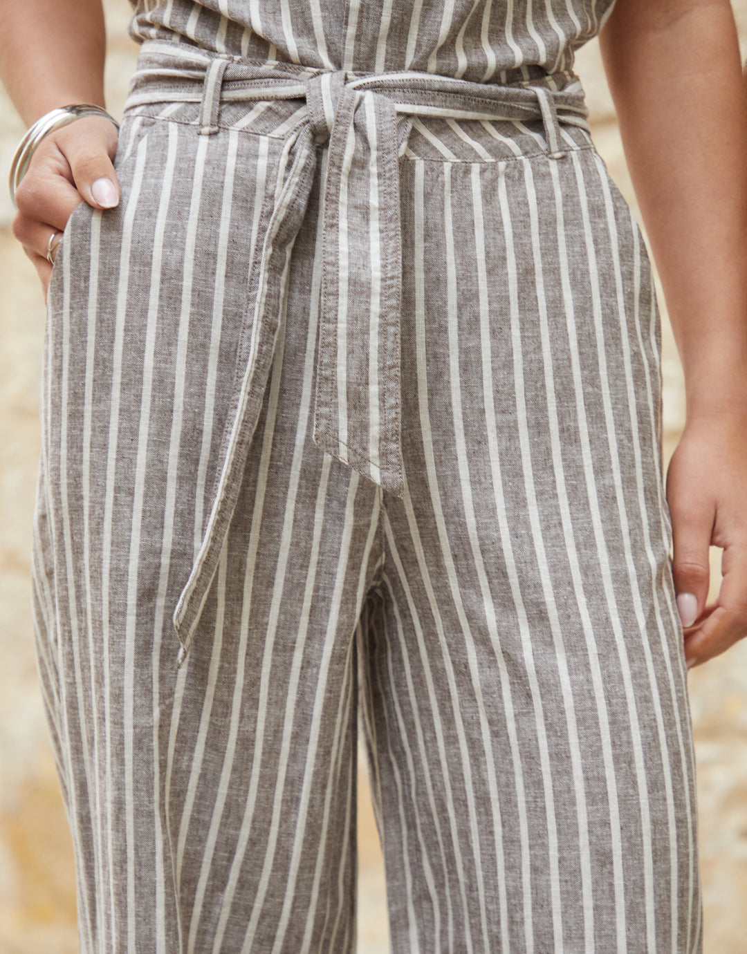 Brown Stripe Belted Linen Blend Wide Leg Trousers