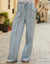Blue Striped Braided Pocket Detail Linen Blend Wide Leg Trousers
