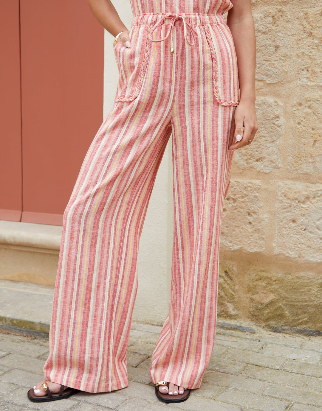 Orange Striped Braided Pocket Detail Linen Blend Wide Leg Trousers