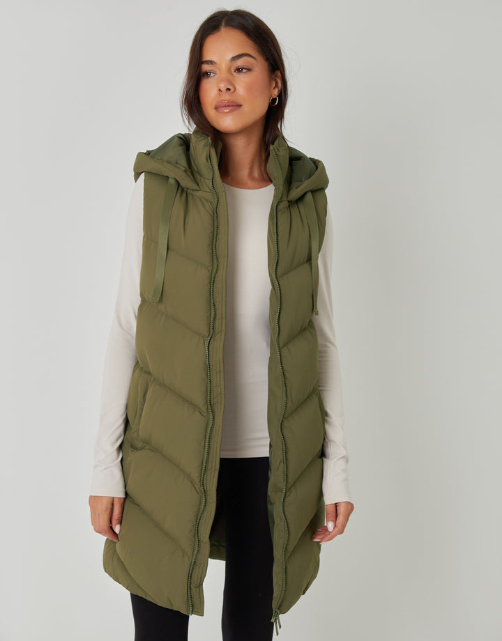 Khaki Green Longline Padded Gilet