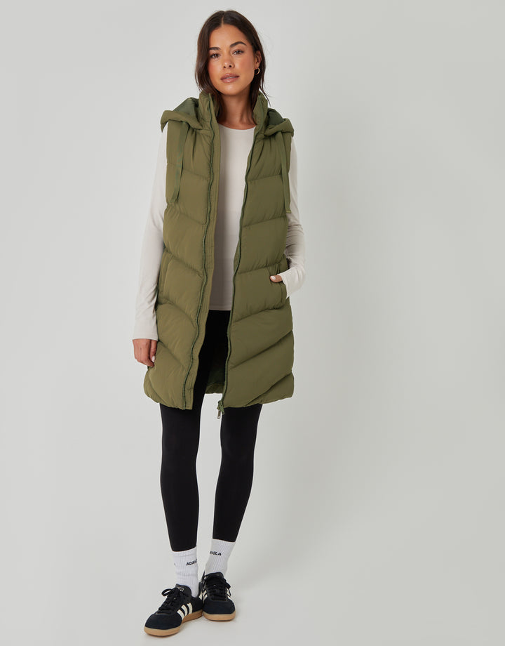 Khaki Green Longline Padded Gilet