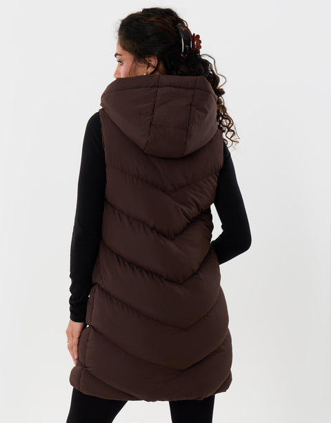 Threadbare Longline Padded Gilet in Chocolate Brown - back view