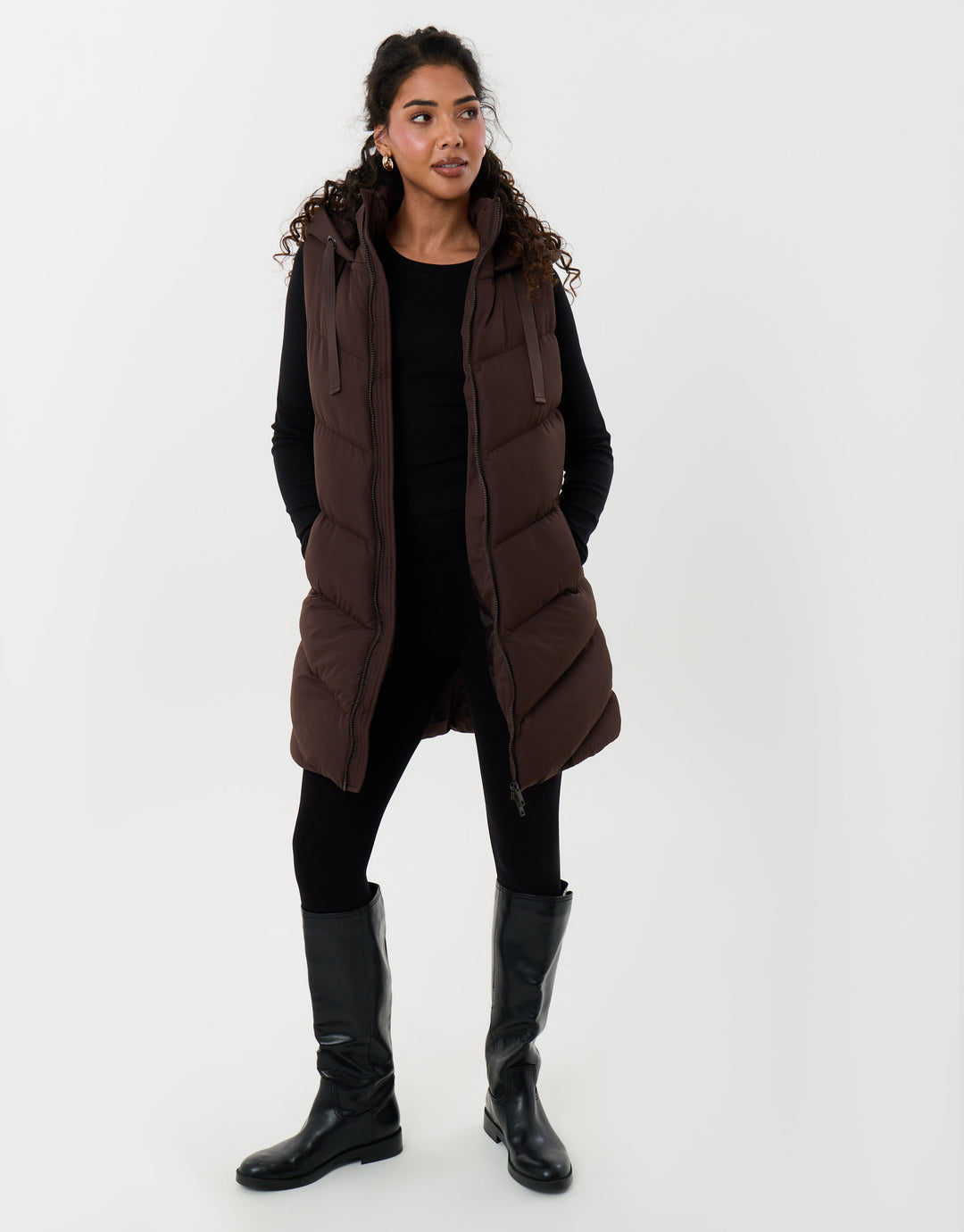 Threadbare Longline Padded Gilet in Chocolate Brown - full body