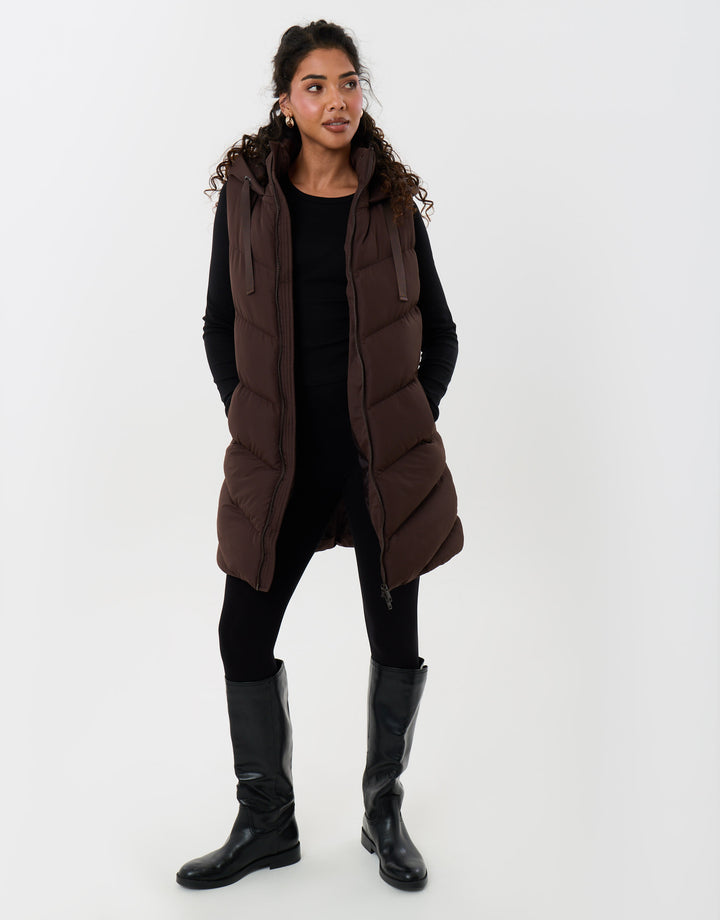 Threadbare Petite Longline Padded Gilet in Chocolate Brown - full body
