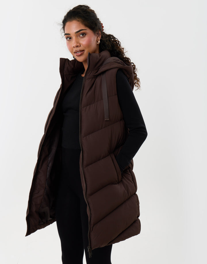 Threadbare Longline Padded Gilet in Chocolate Brown - front view