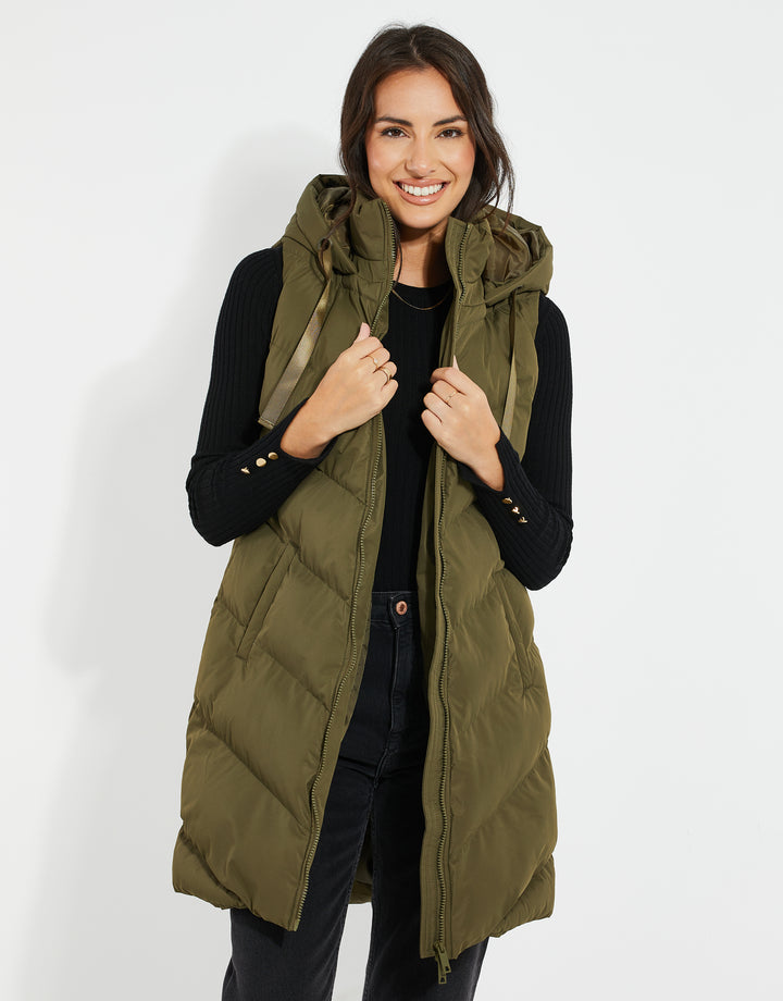 Petite Khaki Green Longline Padded Gilet