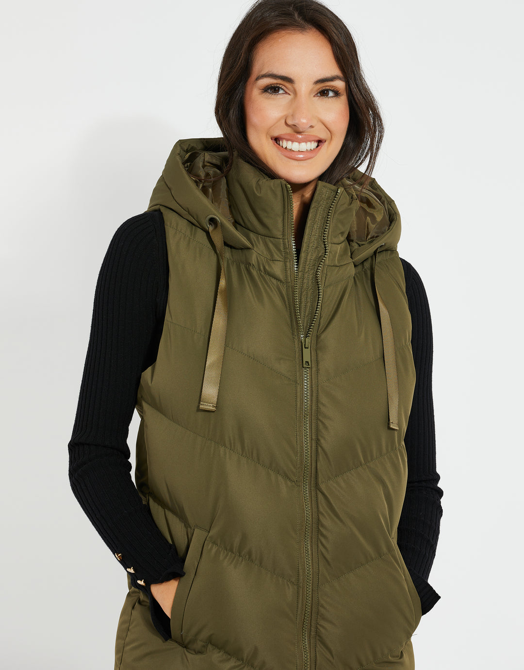 Petite Khaki Green Longline Padded Gilet