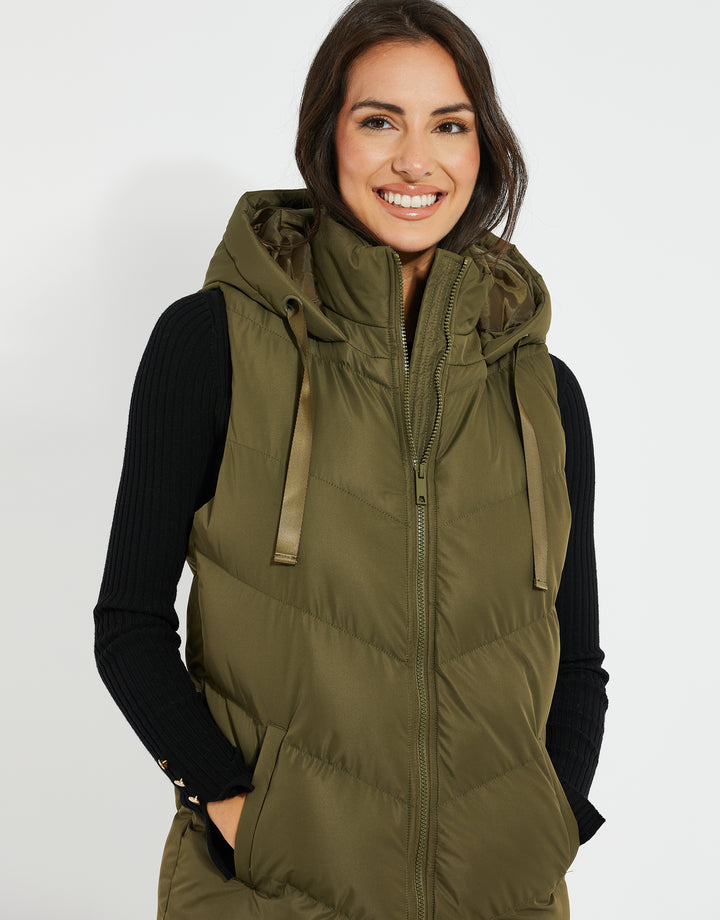 Petite Khaki Green Longline Padded Gilet