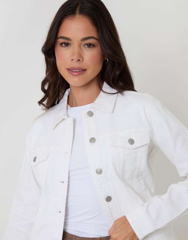 Threadbare Stretch Denim Jacket in White - front view close up