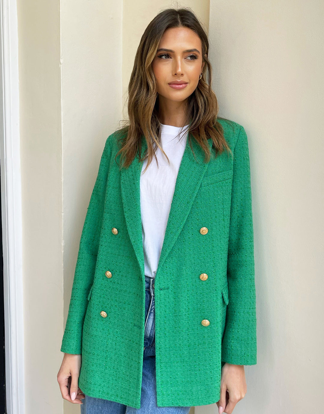 Green Oversized Double Breasted Bouclé Blazer