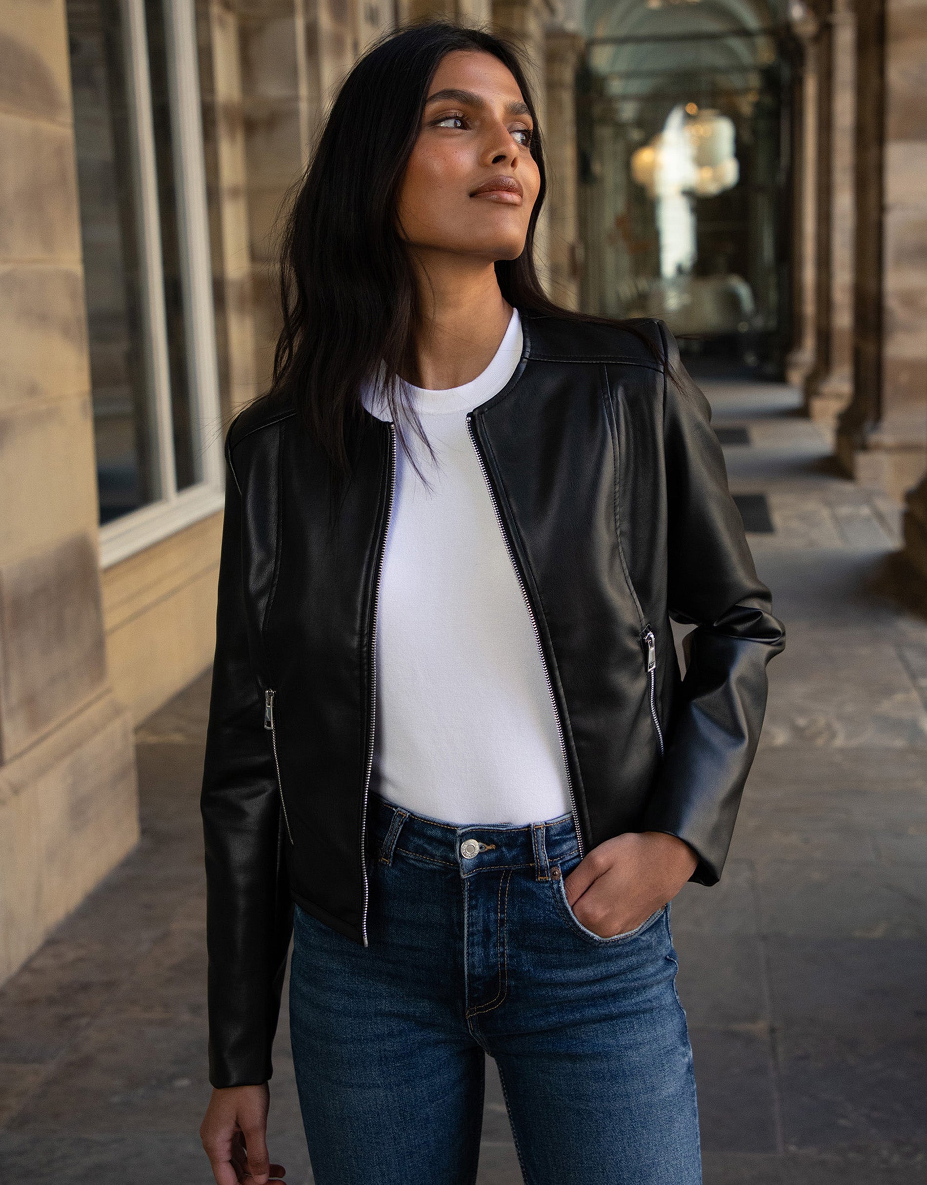 Threadbare Women's Black Zip-Up Collarless Faux Leather Ladies' PU Jacket