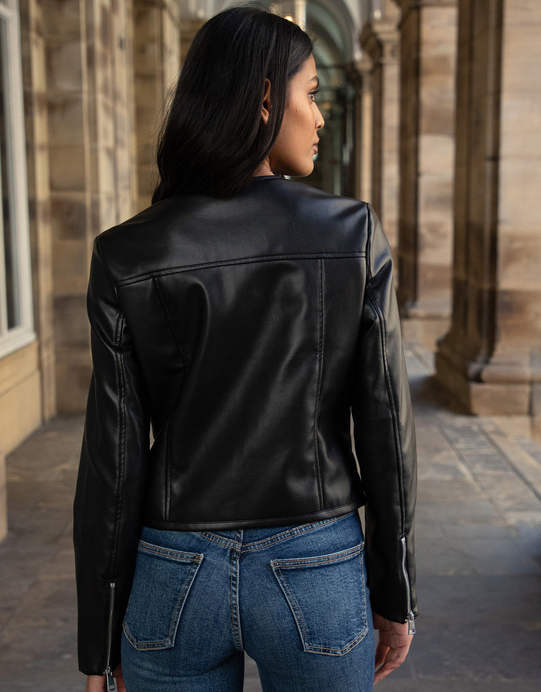 Black Zip-Up Collarless Faux Leather PU Jacket