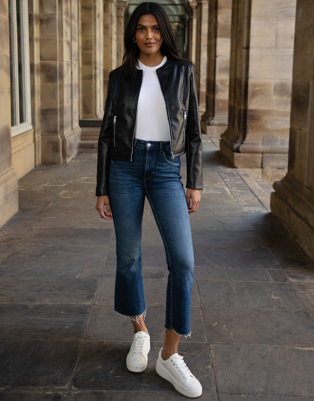 Black Zip-Up Collarless Faux Leather PU Jacket