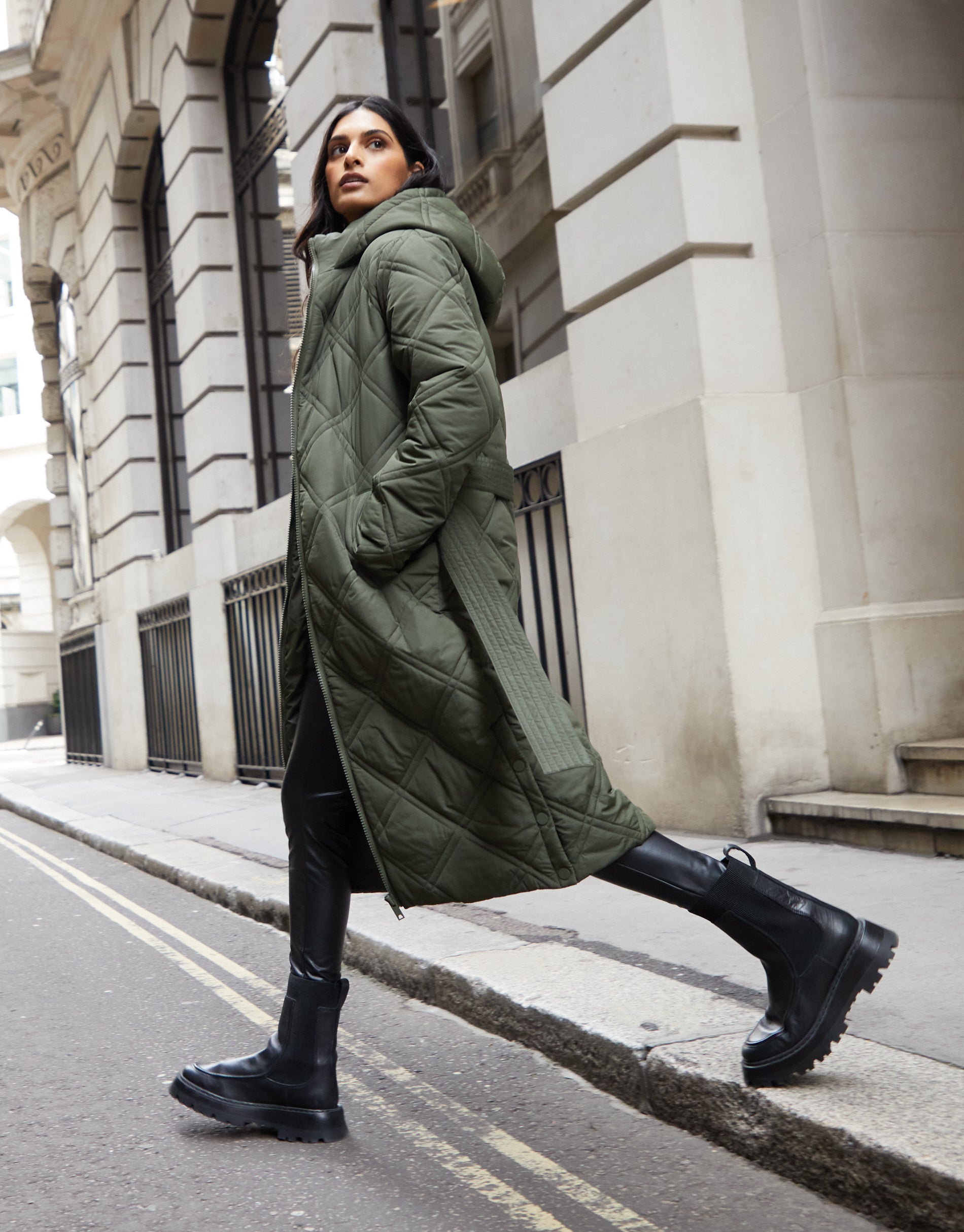 Threadbare Women's Khaki Green Diamond Quilted Hooded Belted
