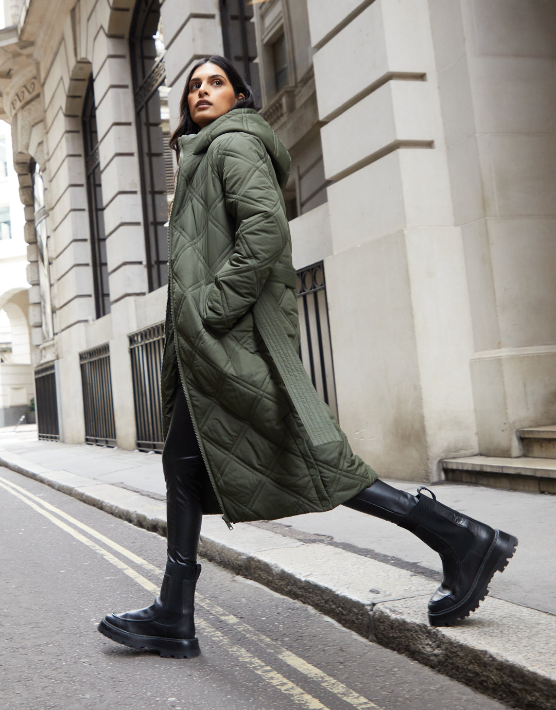 Khaki Green Diamond Quilted Belted Coat
