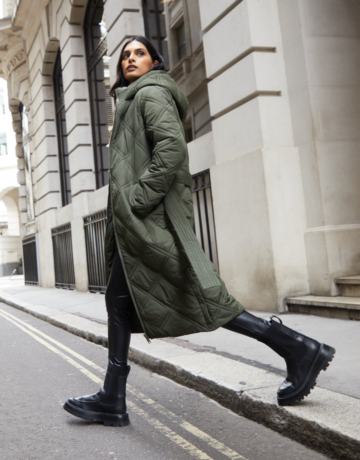 Khaki Green Diamond Quilted Belted Coat