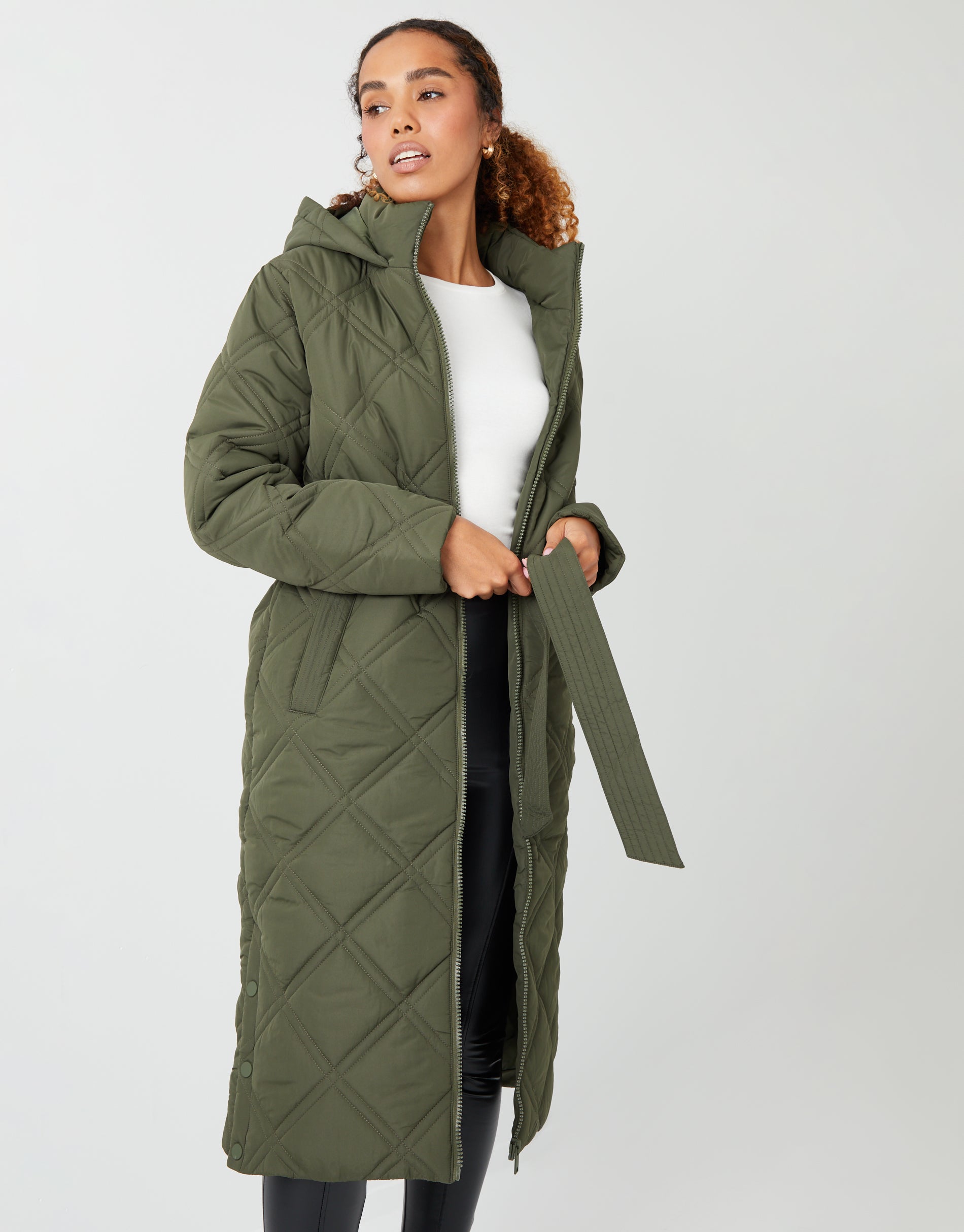 Threadbare Women's Khaki Green Diamond Quilted Hooded Belted